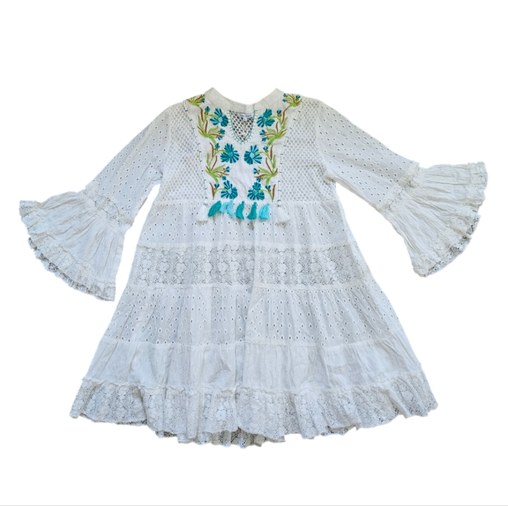 NWT Blue Island Swim Coverup Tunic Floral Embroidered Tassel Bell Sleeve Large